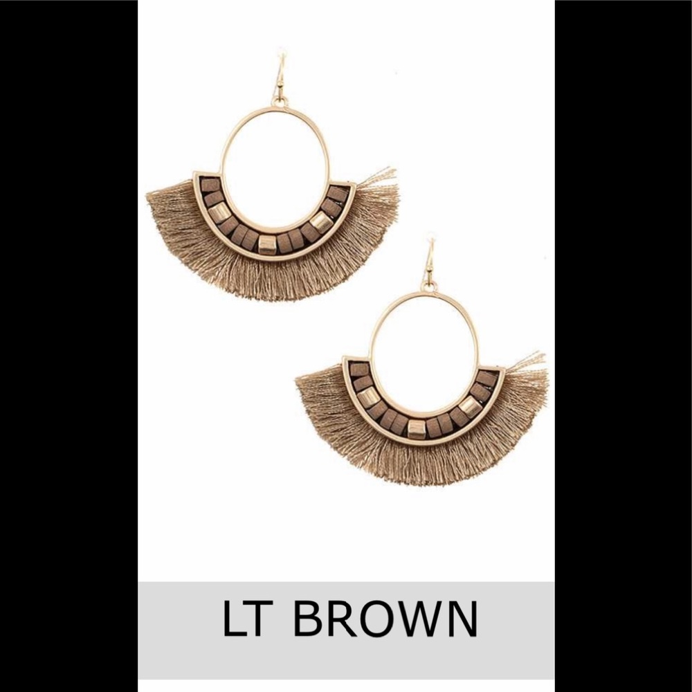 Tassel Fan Bead Drop Earring Lt Brown